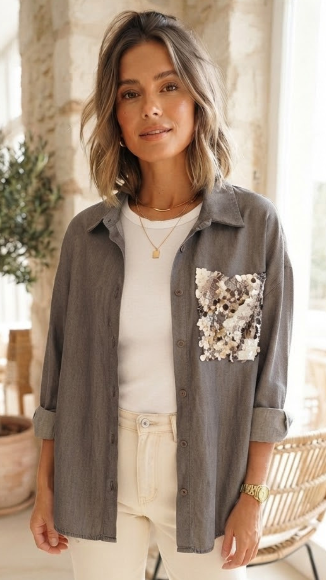 Chemise en Jean Taupe Poche Sequins MYLENE