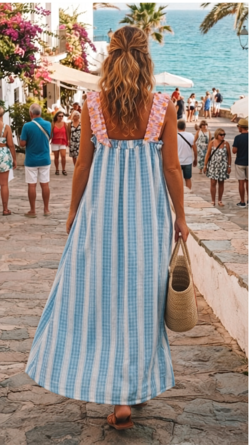 Robe Longue Bleu ciel à Bretelles Léopard Fluo ANOUK