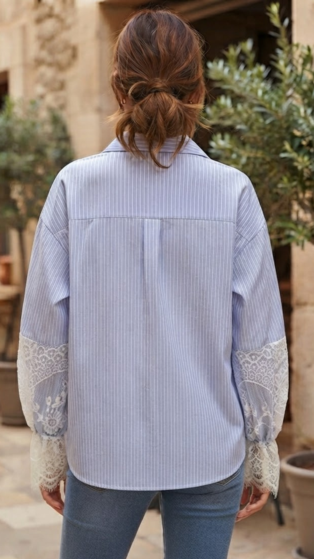 Chemise Rayée Bleu & Blanc à Manches Dentelle JOANA