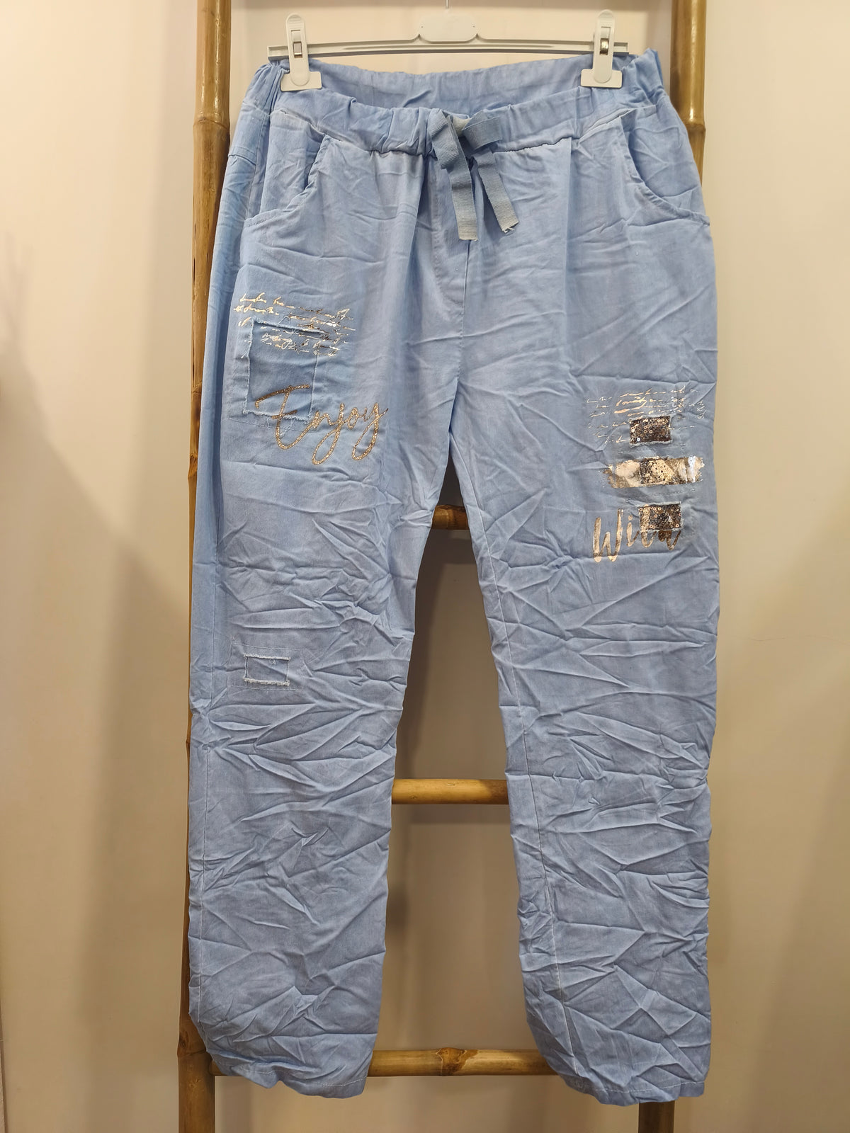Pantalon Bleu Ciel à Empiècements Sequins ENJOY