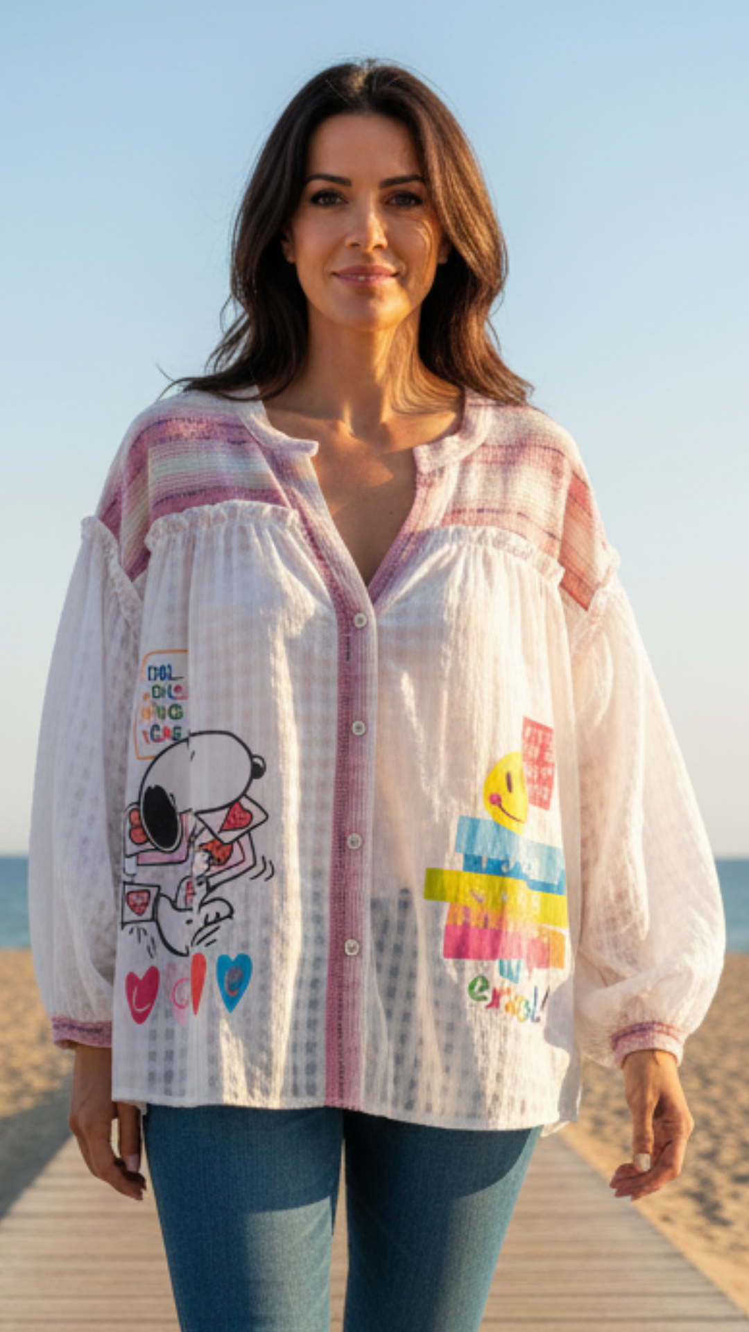 Blouse Bi Matière Rose et Blanc SNOOPY