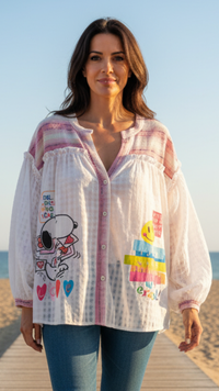 Blouse Bi Matière Rose et Blanc SNOOPY