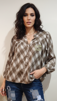 Chemise à Carreaux Beige et Blanc Broderie Rock Roll