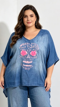 Top Oversize Bleu Jean "TÊTE DE MORT"