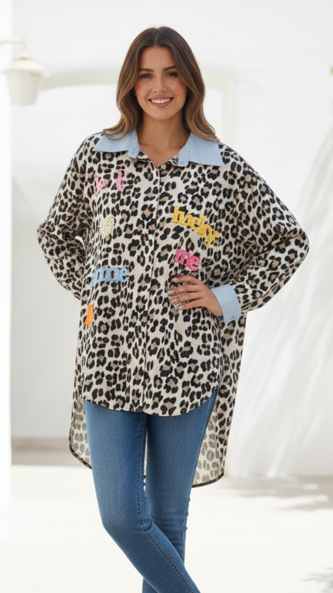Chemise Léopard Oversize Inscriptions & Cœurs Perles LUCKY