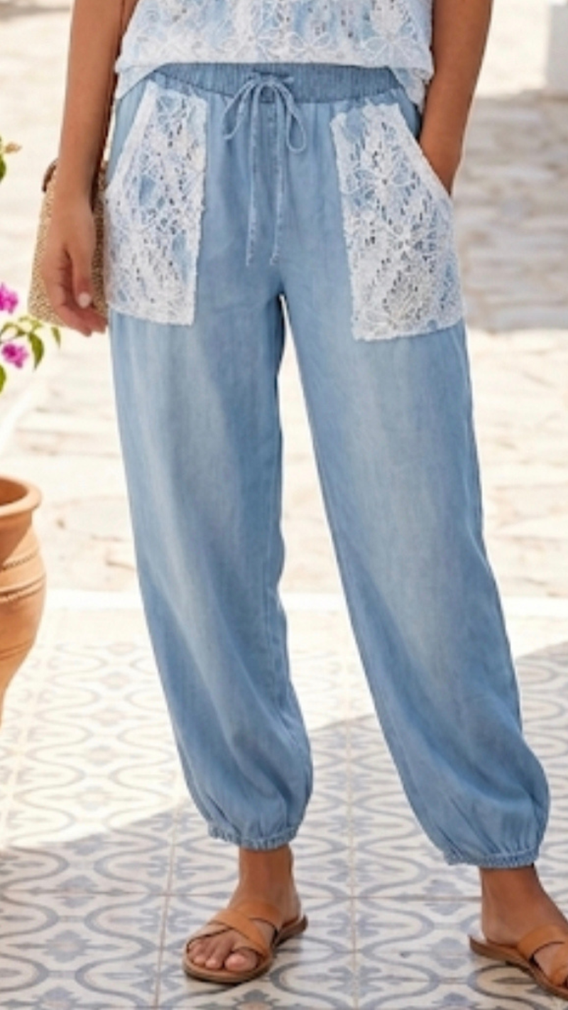 Pantalon Fluide Bleu Jean Poches Dentelle LOE