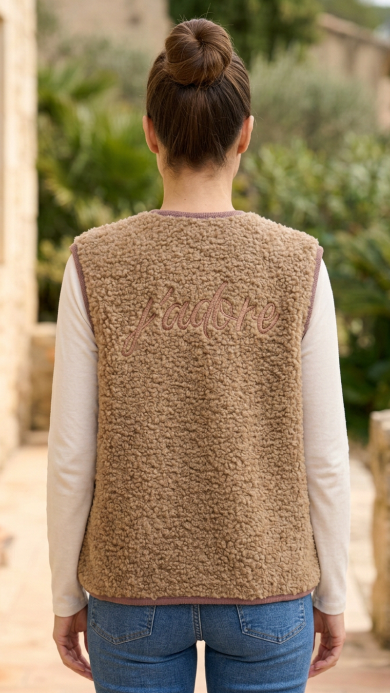 Gilet Teddy Sans Manche Camel à Inscription J'ADORE
