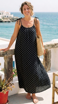 Robe longue à Bretelles Noire à Pois Gris SANTA