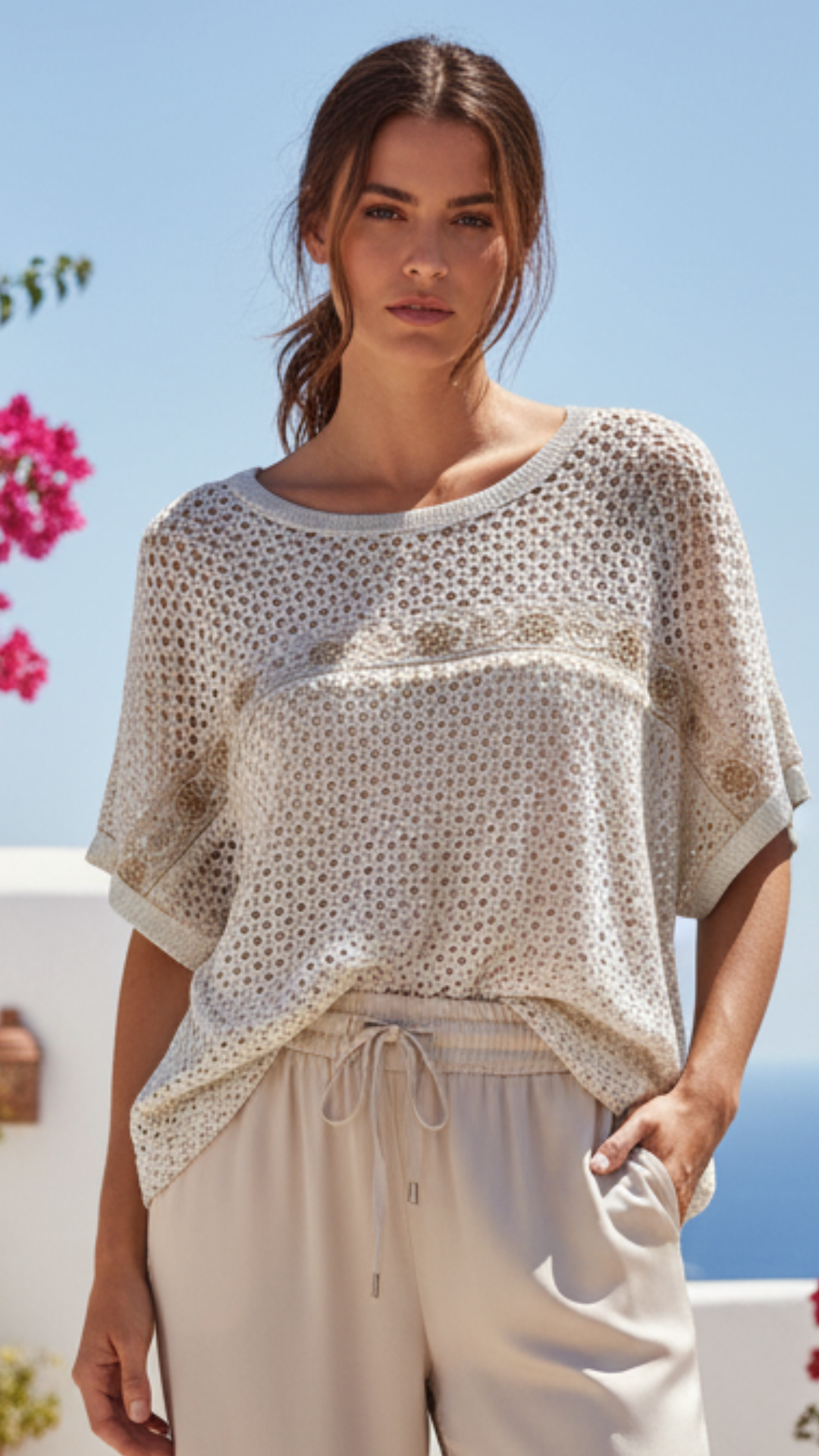 Top en Crochet Beige et Argenté à Motif Fleurs LUCILE