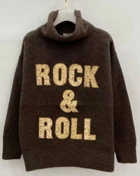 Pull à Col Roulé Chocolat à Inscription Sequins Dorés ROCK & ROLL