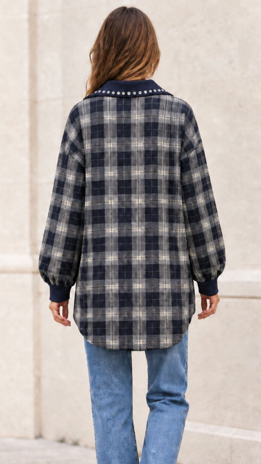 Chemise à Carreaux Bi-Matière Marine et Strass MODA