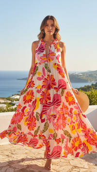 Robe Longue Blanche et Fleurs Brodées Rose Fuchsia MERYL