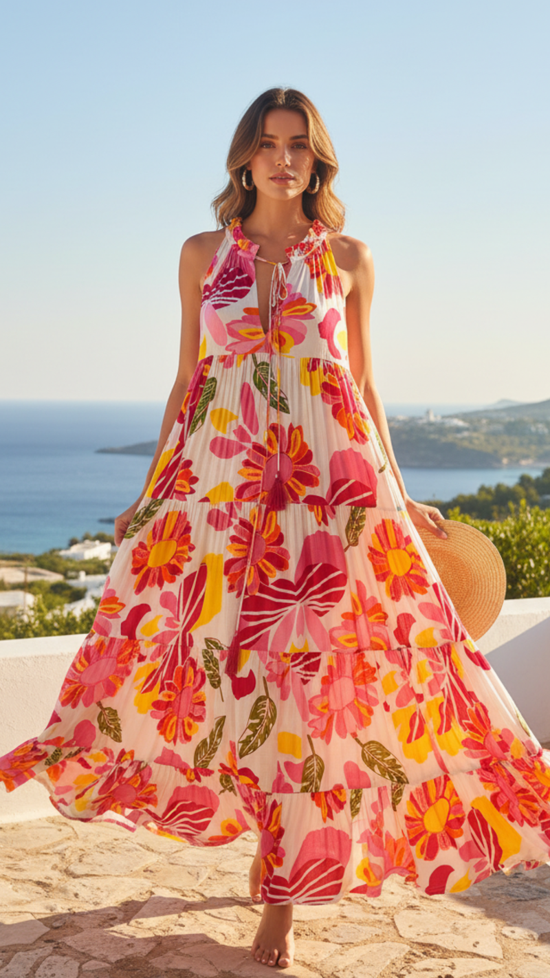 Robe Longue Blanche et Fleurs Brodées Rose Fuchsia MERYL