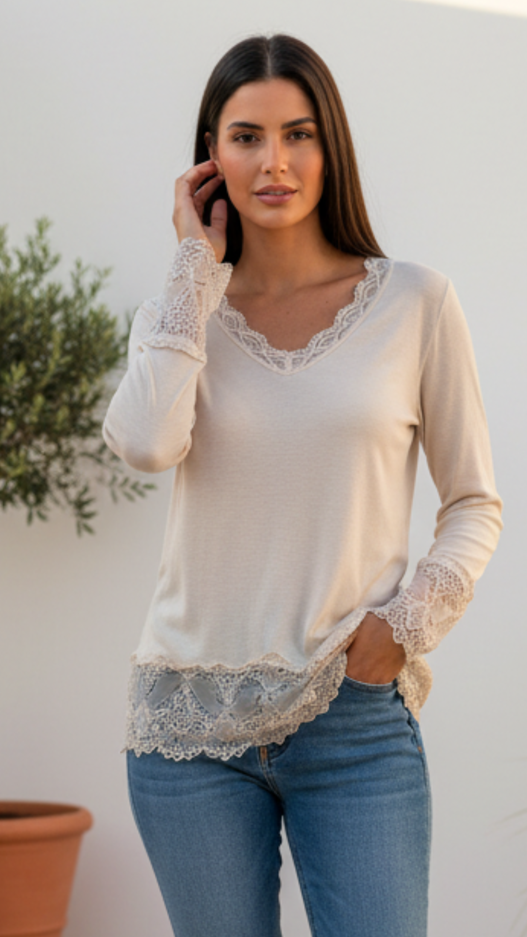Top Dentelle Col V ELY Beige Clair