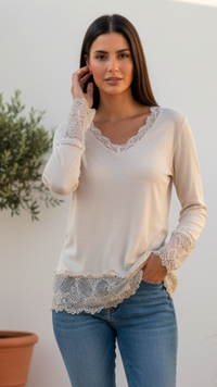 Top Dentelle Col V ELY Beige Clair