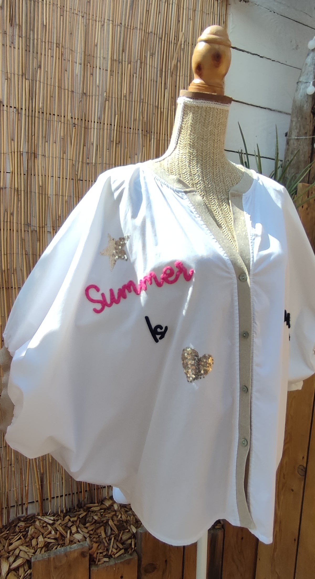 Chemise Blanche Oversize à Inscription Manches ornées de Doré SUMMER