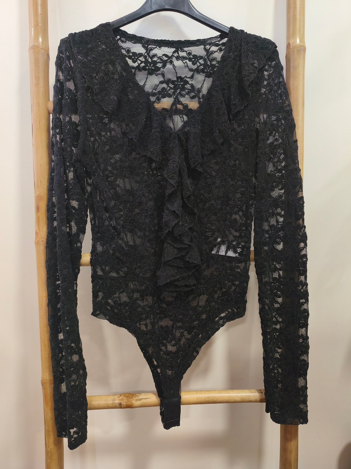 Body en Dentelle & Velours Noir Marron à Volants BAREL