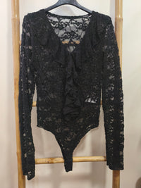 Body en Dentelle & Velours Noir Marron à Volants BAREL