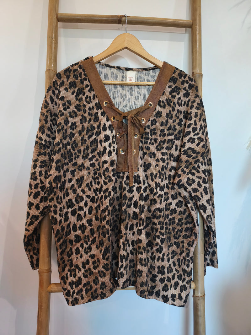 Top Imprimé Léopard et Lacets Suédine Camel ISORA