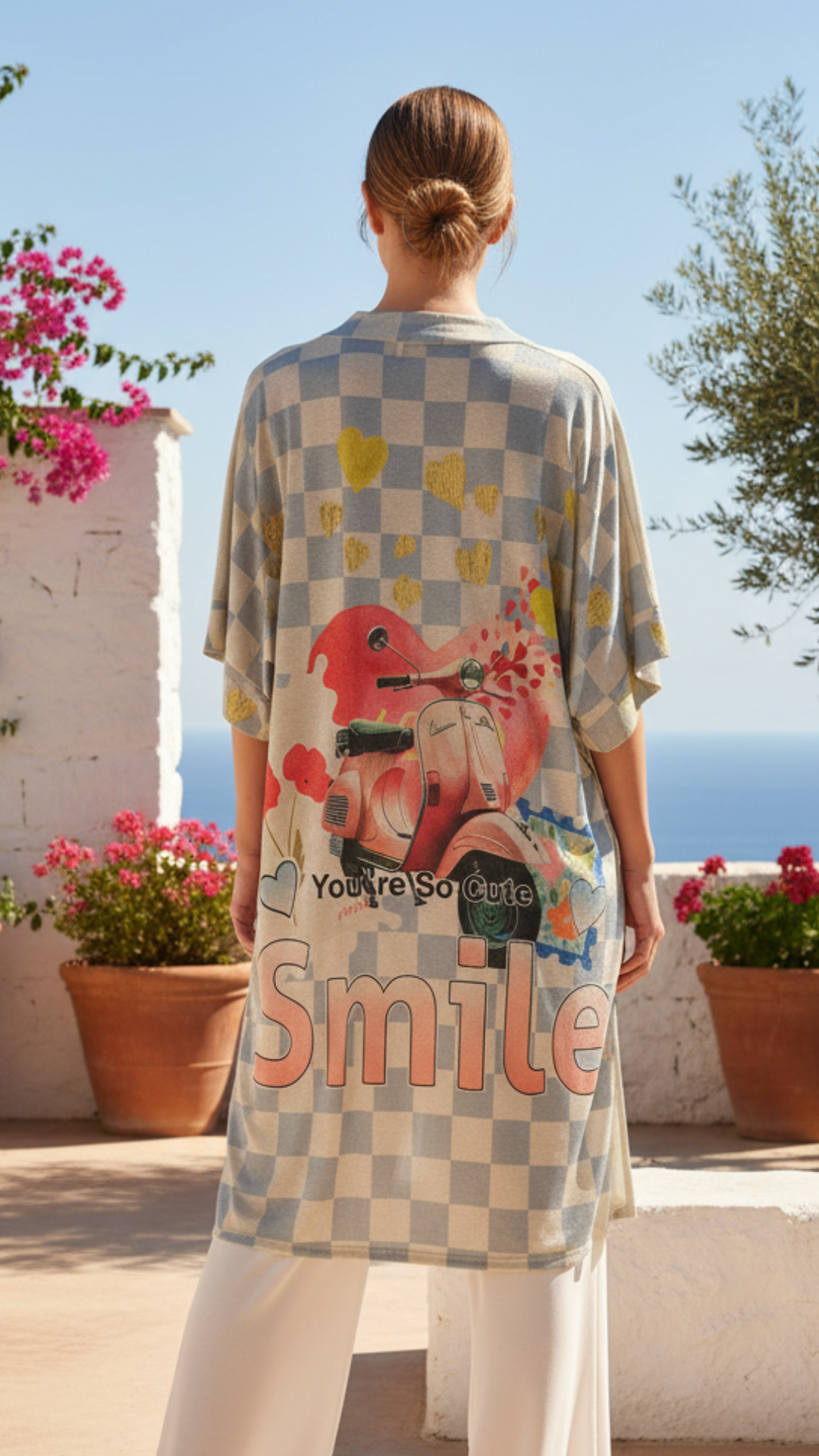 Kimono Long 3/4 Lurex Imprimé Damier Motif VESPA