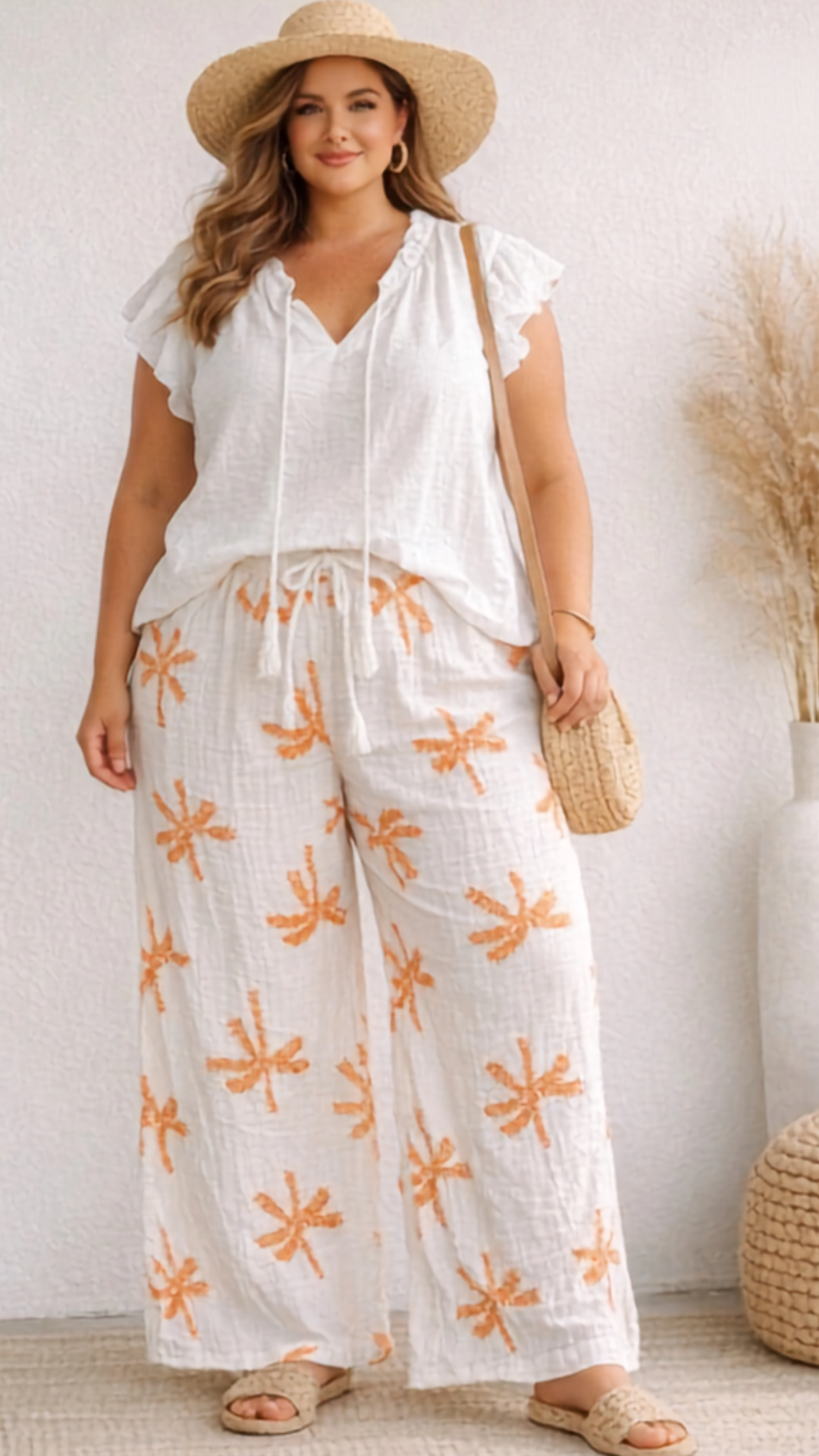Pantalon Blanc Gaze de Coton à Motif Palmier Orange SAND