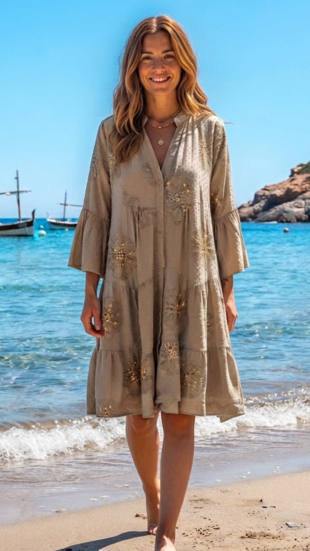 Robe Beige Fluide à Fleurs Brodées et Sequins HEDA