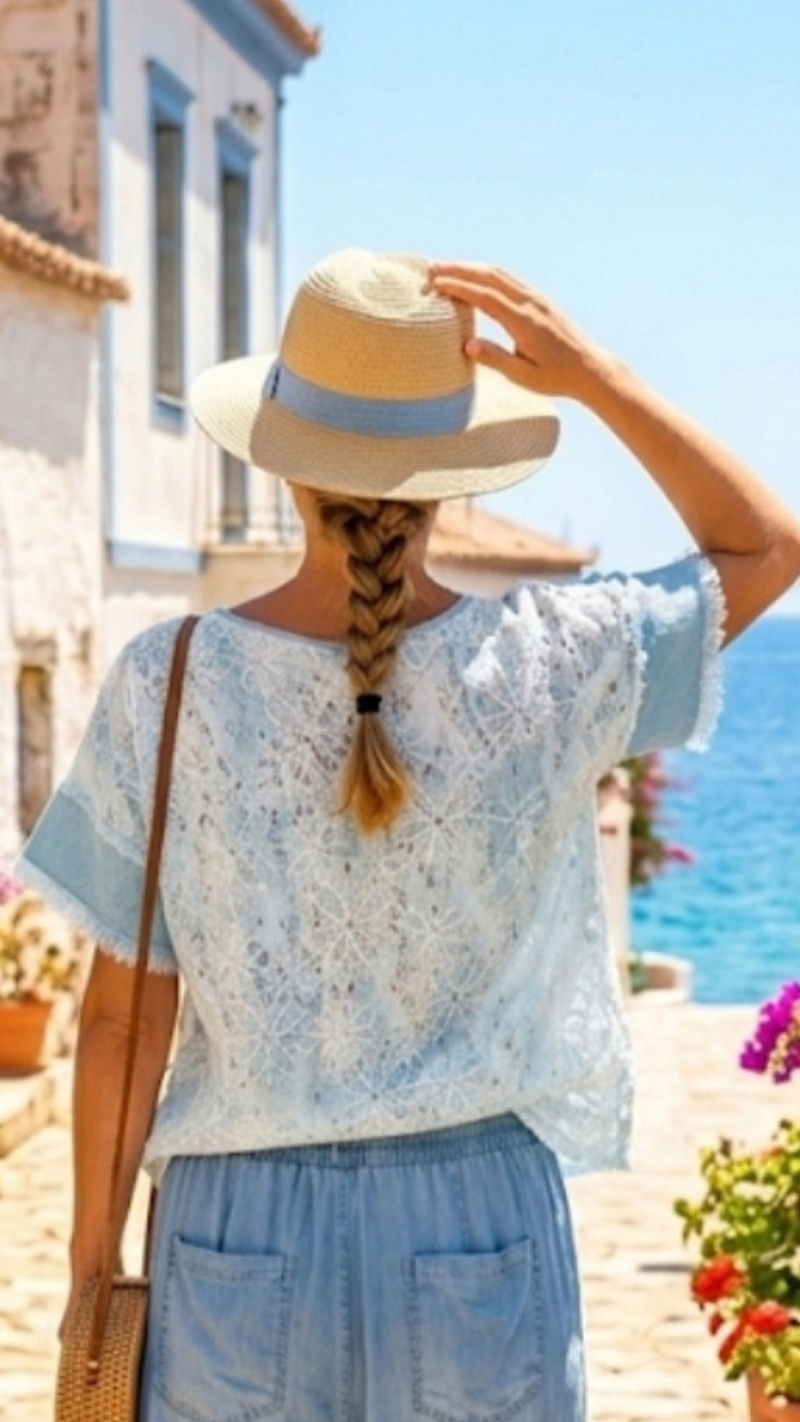 Top en Dentelle Blanc et Bleu Jean VIVI