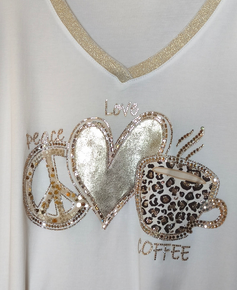 Tee-Shirt Crème à Motif Strass "PEACE & LOVE"