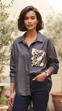 Chemise en Jean Taupe Poche Sequins MYLENE