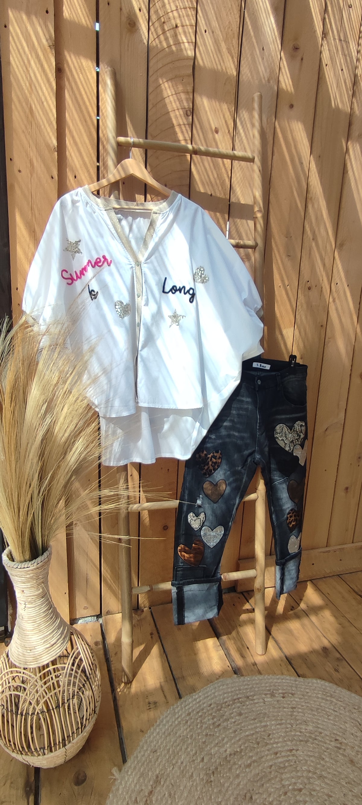 Chemise Blanche Oversize à Inscription Manches ornées de Doré SUMMER