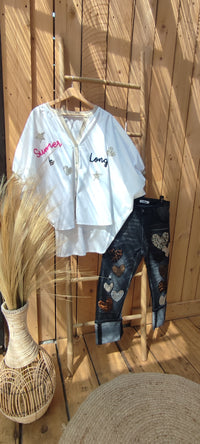 Chemise Blanche Oversize à Inscription Manches ornées de Doré SUMMER