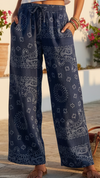 Pantalon Gaze de Coton Bleu Marine à Imprimé "BANDANA"