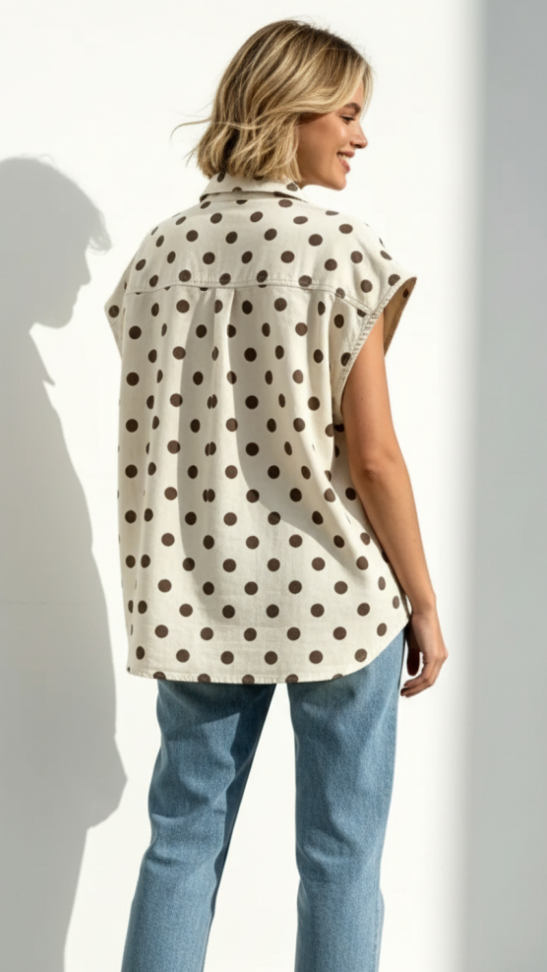 Chemise en Jean Oversize Ecru à Pois chocolat à Gros Boutons ZAZIE