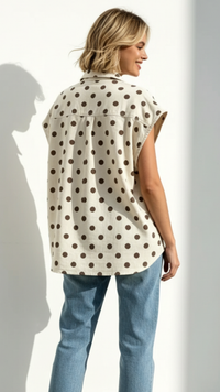 Chemise en Jean Oversize Ecru à Pois chocolat à Gros Boutons ZAZIE