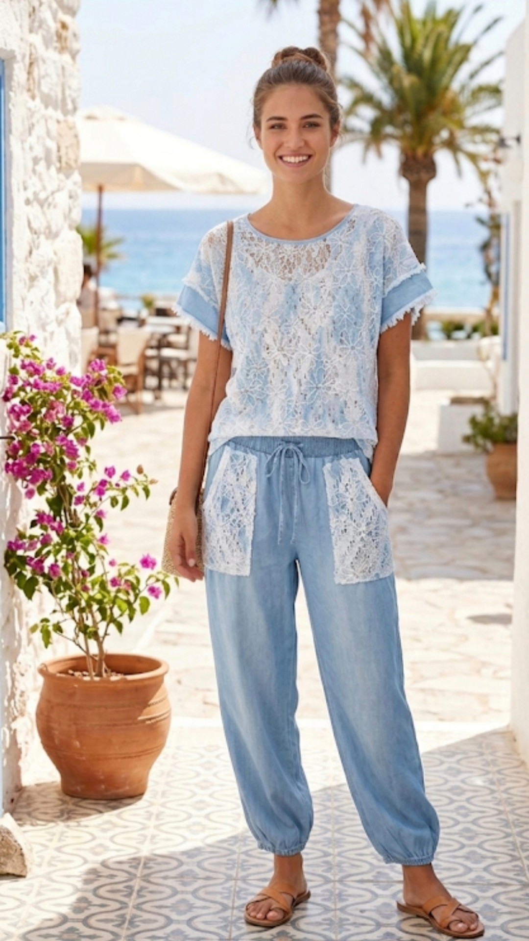 Pantalon Fluide Bleu Jean Poches Dentelle LOE