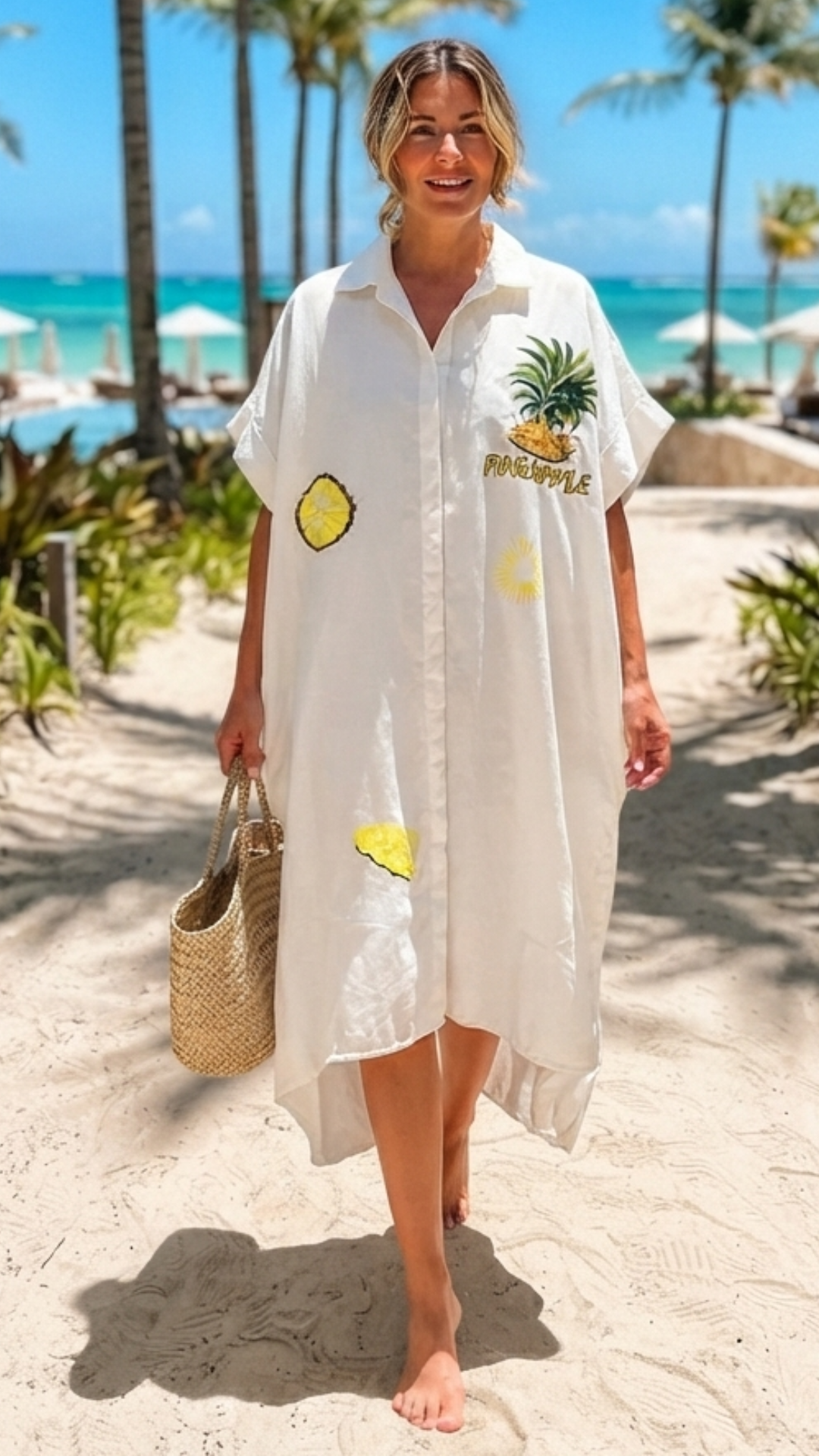 Robe Chemise Oversize Blanche à Motif "ANANAS"