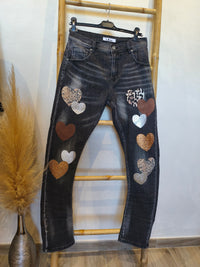 Jean Noir Délavé à Empiècements Coeurs LENNY