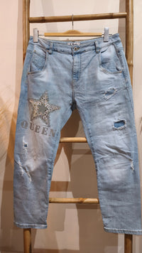 Jean Bleu Clair Délavé Motif Etoile QUEEN