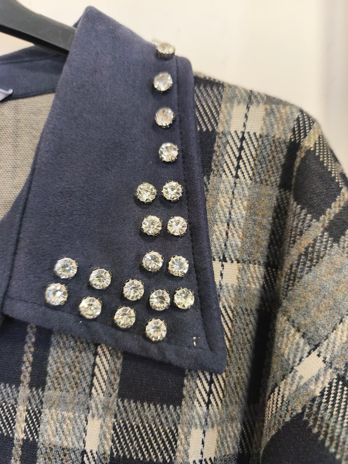Chemise à Carreaux Bi-Matière Marine et Strass MODA