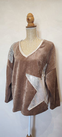 Sweat Velours Camel à Empiècements Etoile Dorée et Strass TEVA