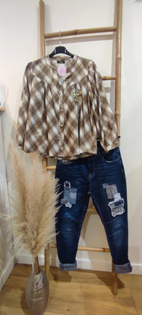 Chemise à Carreaux Beige et Blanc Broderie Rock Roll