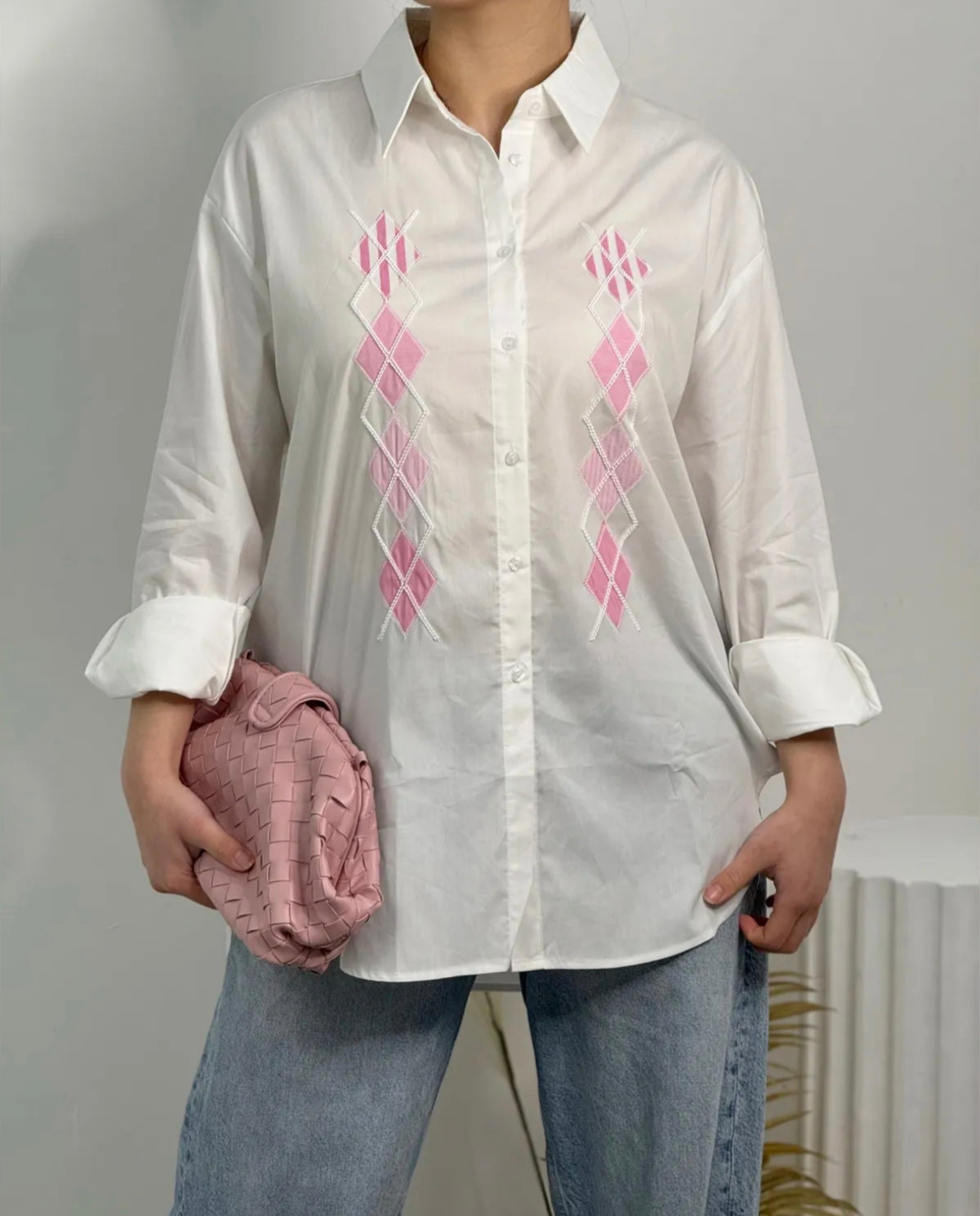 Chemise Blanche à motif Losanges Roses SIENNA