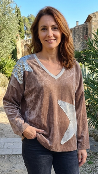 Sweat Velours Camel à Empiècements Etoile Dorée et Strass TEVA