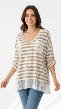 Tee-Shirt Manche Longue Rayé Beige et Dentelle EROS