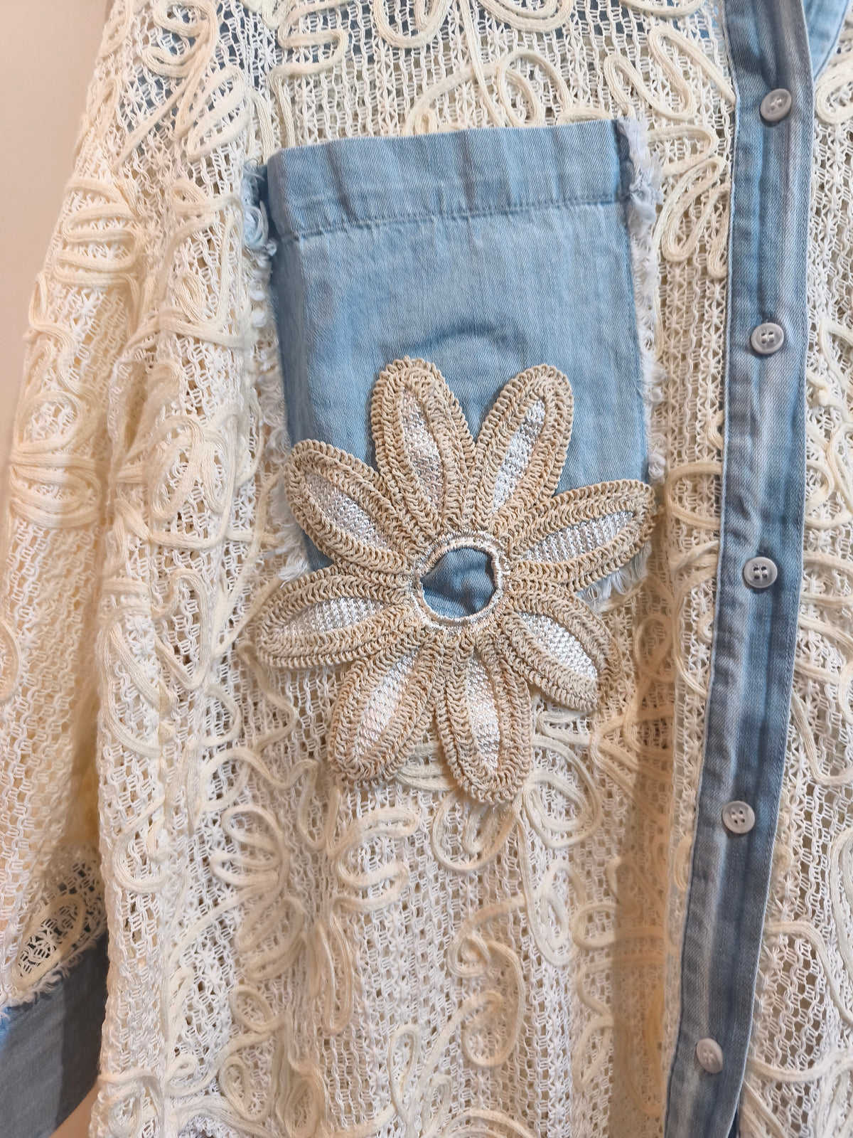 Chemise Crème Bi-matière Crochet et Jean ARMELLE