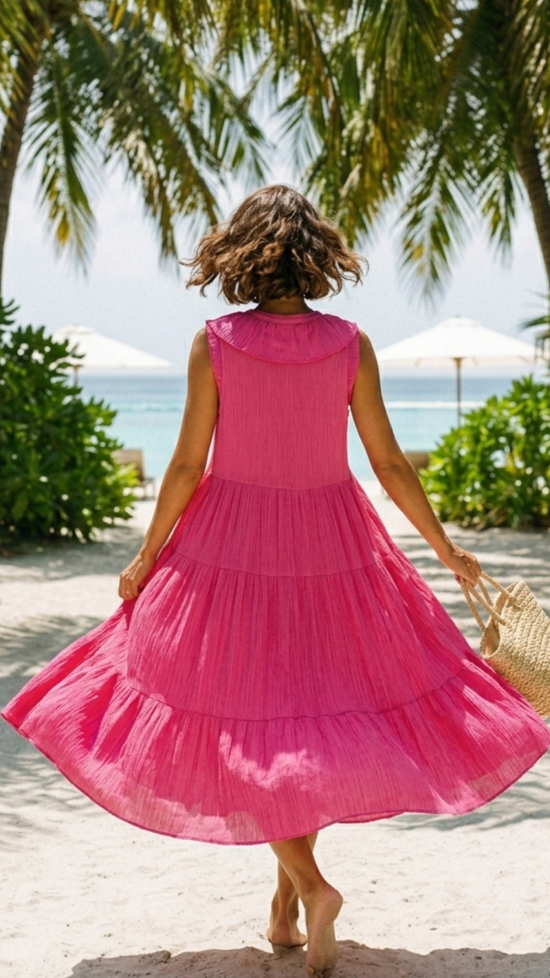 Robe Rose Fuschia à Volants Crêpe Irisé FLOA