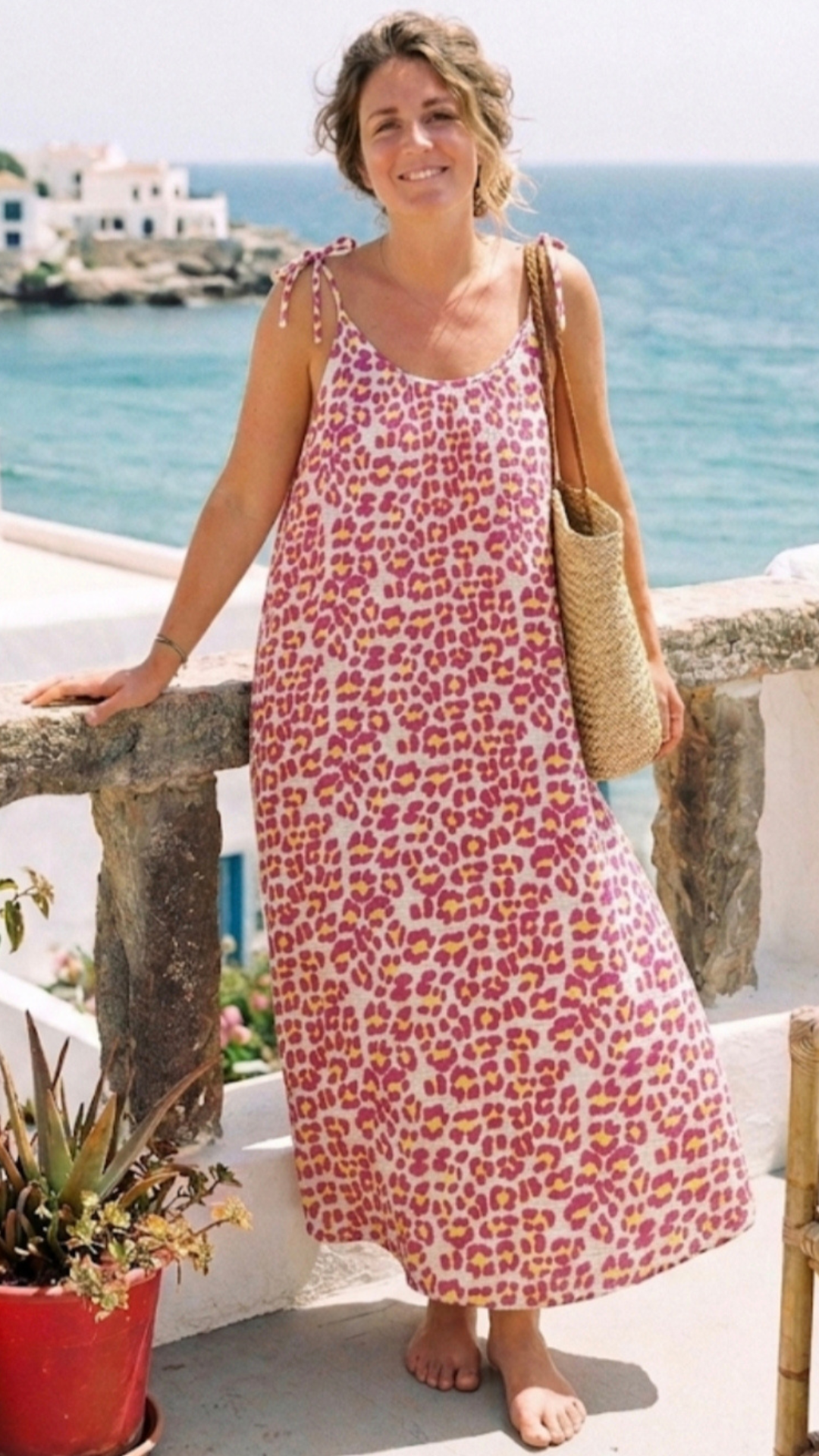 Robe longue à Bretelles Léopard Fucshia et Jaune SANTA