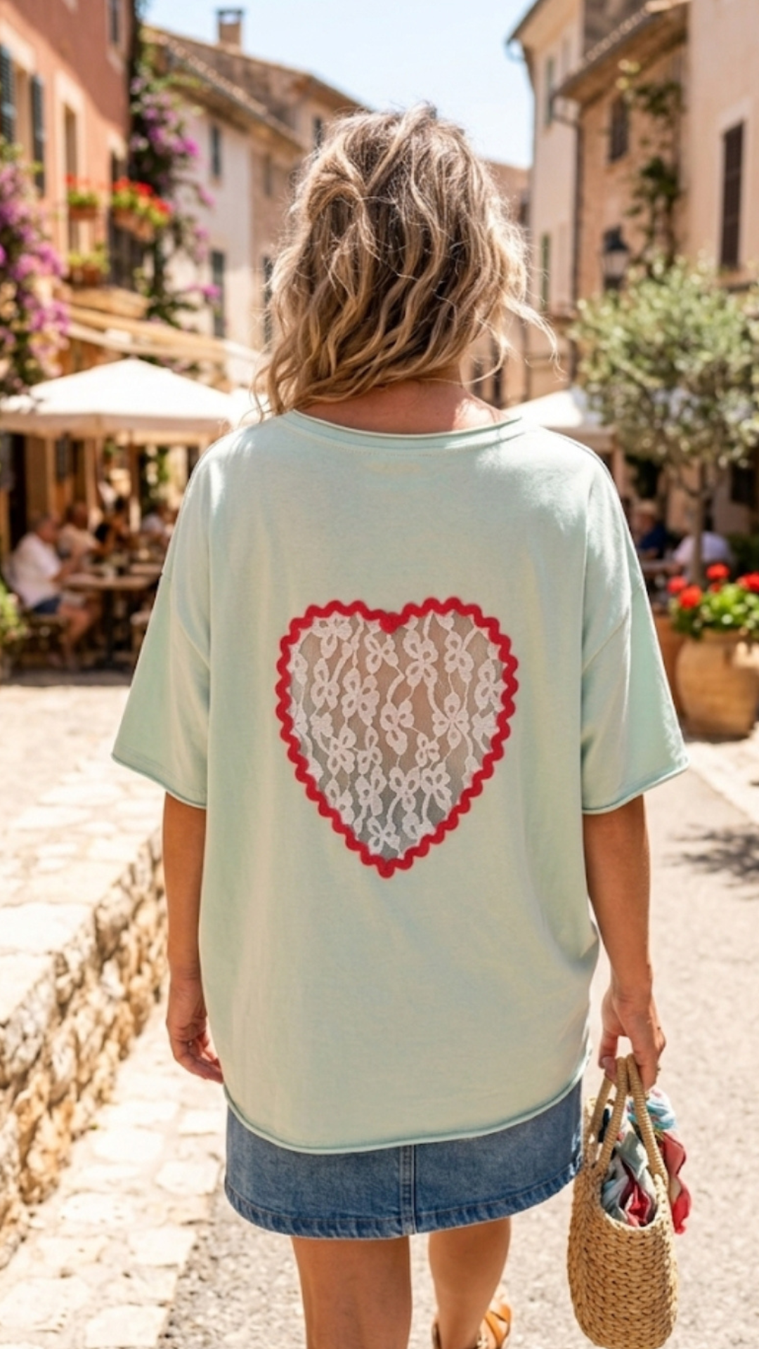 Tee-Shirt Oversize Vert D'eau "Coeur Dentelle"
