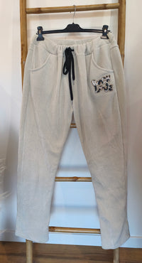 Pantalon Velours Ecru à Inscription Léopard "ROCK & LOVE"
