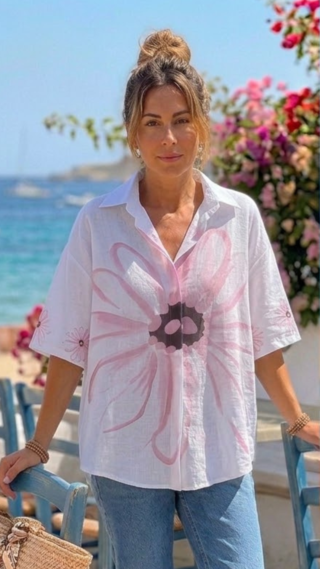 Chemise Blanche Oversize Imprimé Fleur Rose YONA
